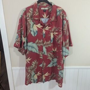 Tommy Bahama Mens XL Silk Blend Red Tropical Leaf Floral Camp Shirt Short Sleeve